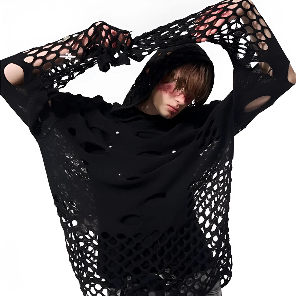 Black men's loose fit hoodie with pearl decorative trim on the hood, a pullover style for spring.