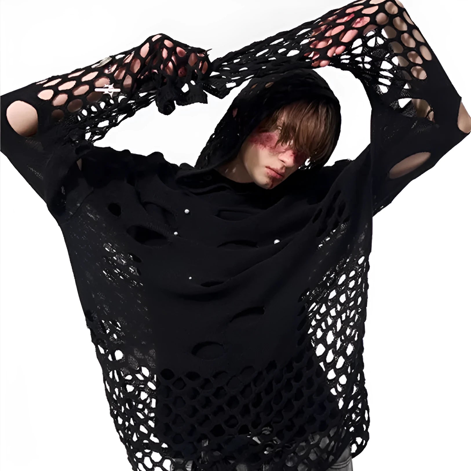 Black men's loose fit hoodie with pearl decorative trim on the hood, a pullover style for spring.