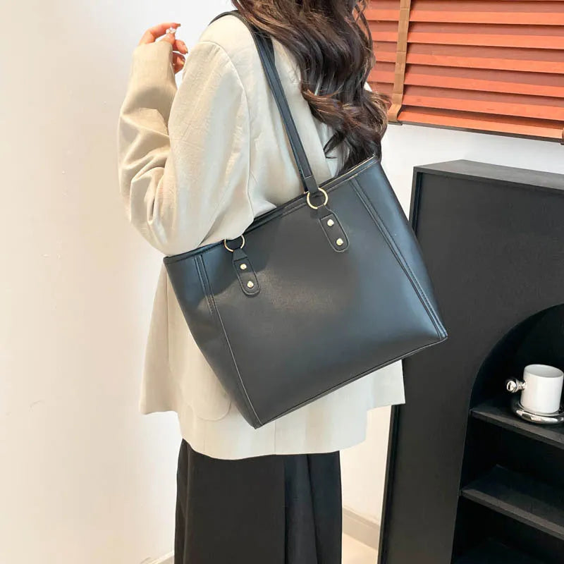 Retro contrast colour large capacity PU tote bag in horizontal square shape with slit pocket