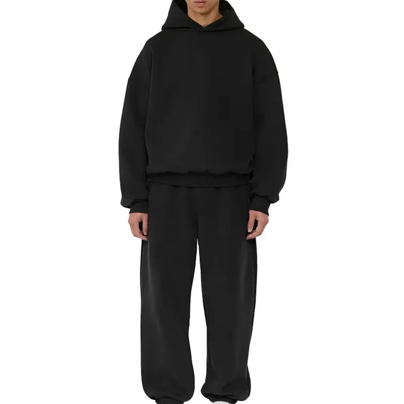 Men's grey cotton pullover hoodie with a fleece wool lining and long sleeves.