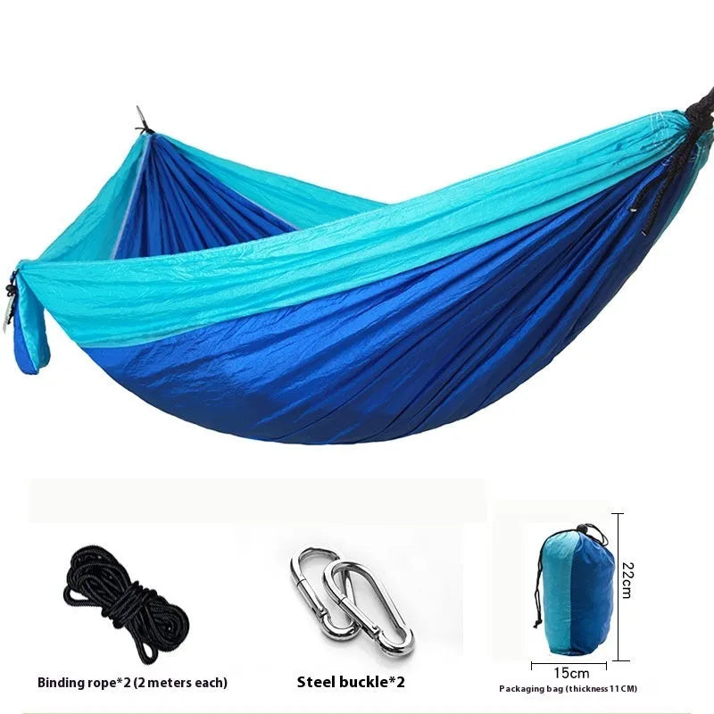 Parachute cloth outdoor camping hammock in 210T nylon with black King Kong buckles and round ropes