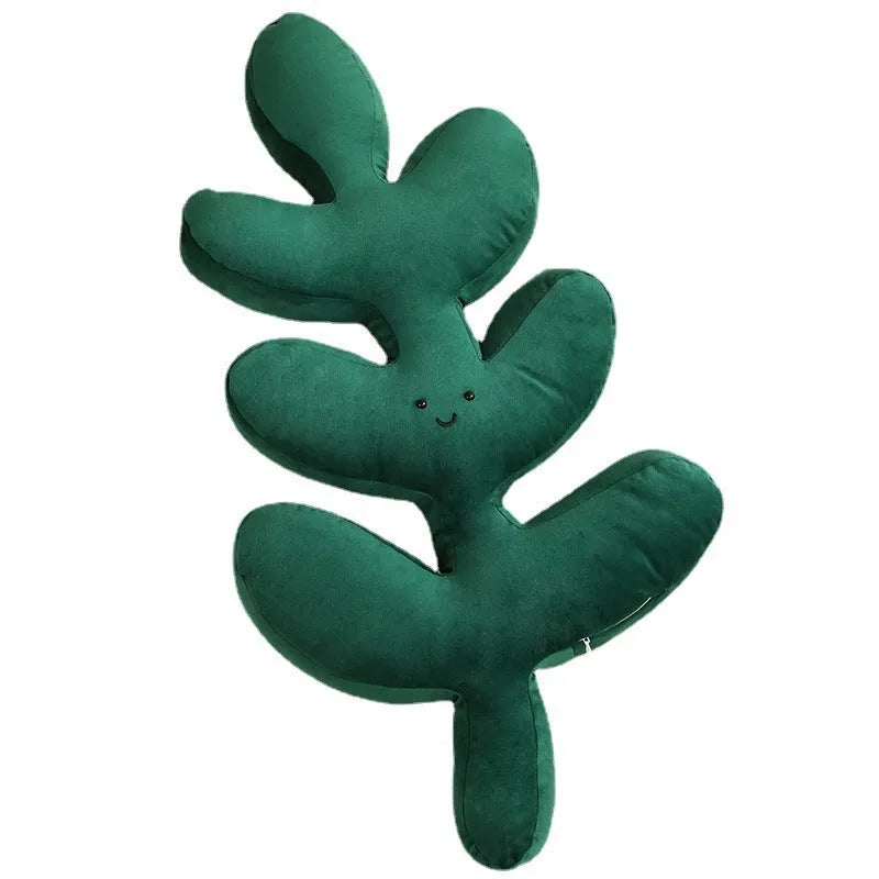 Green plant pillow with embroidered philodendron pattern on plush fabric, large size decorative cushion for home