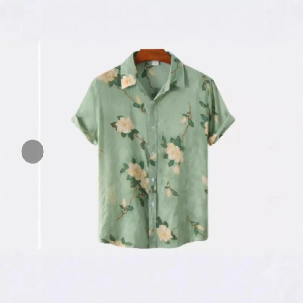 Hawaiian floral print lapel short sleeve shirt in polyester elastic fabric showing digital printed patterns