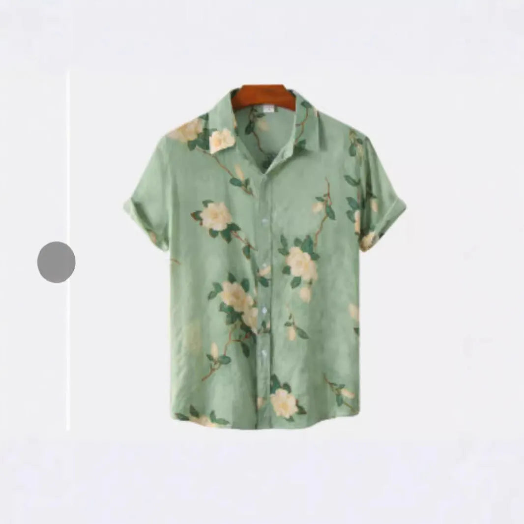Hawaiian floral print lapel short sleeve shirt in polyester elastic fabric showing digital printed patterns