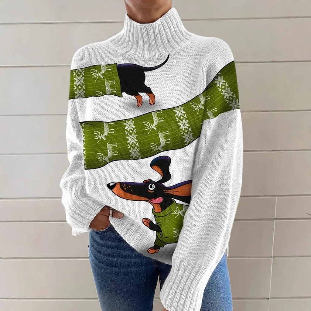 Women's loose fit Christmas printed turtleneck sweater in a macaron colour, showcasing the painting pattern and long sleeves.