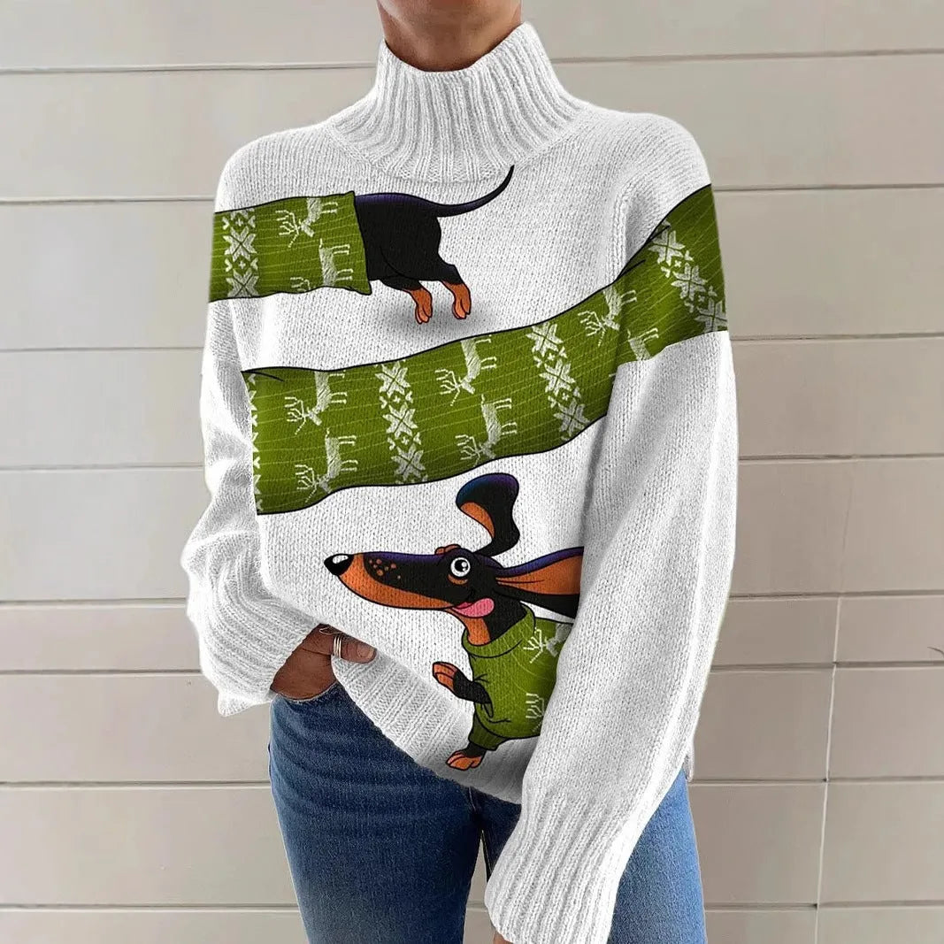 Women's loose fit Christmas printed turtleneck sweater in a macaron colour, showcasing the painting pattern and long sleeves.