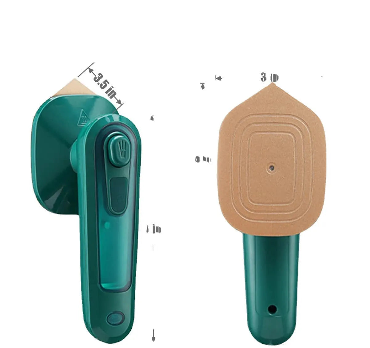 Handheld portable garment ironing machine in dark green with large titanium panel, UK plug