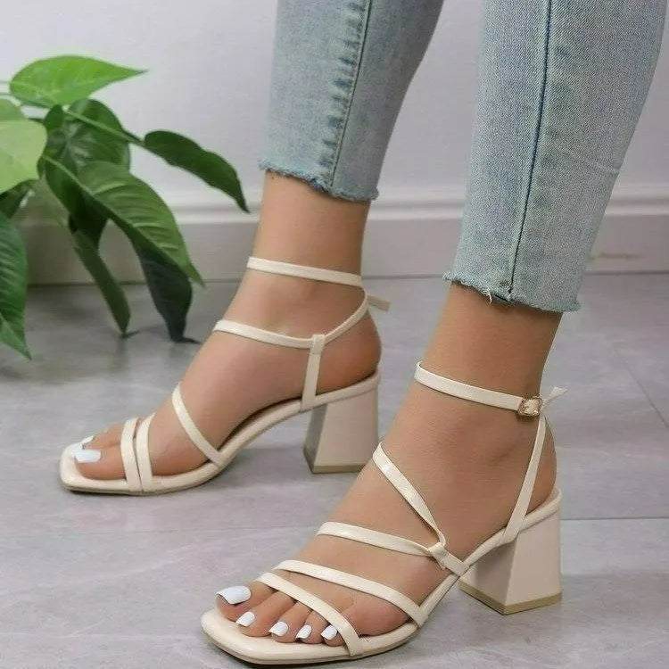 Women's plus size open toe slippers with square toe and ankle buckle in beige colour