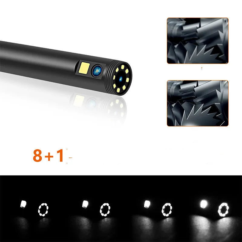 F300 WiFi dual lens endoscope inspection camera with magnet and hook accessories on a table