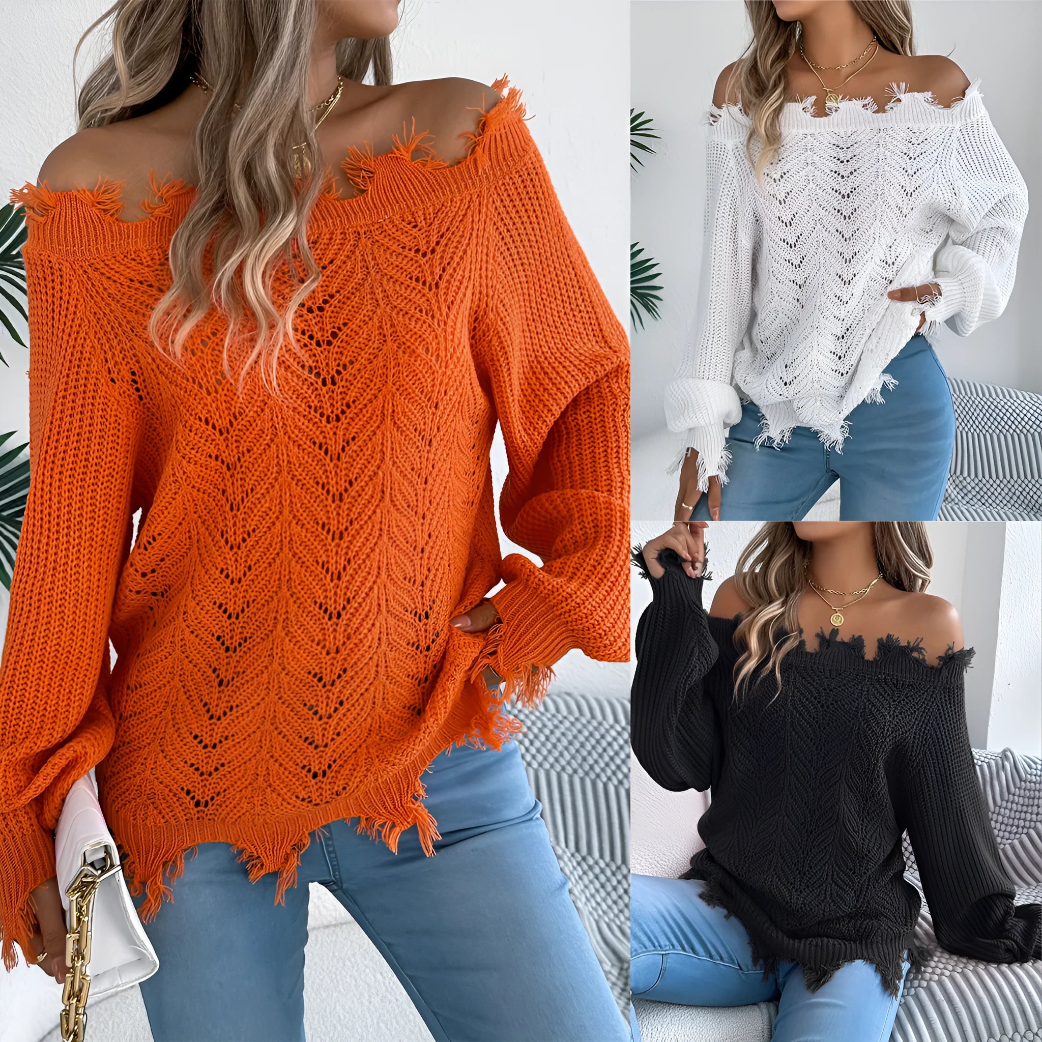 White cut-off-shoulder pullover sweater with hollow-out design and long sleeves