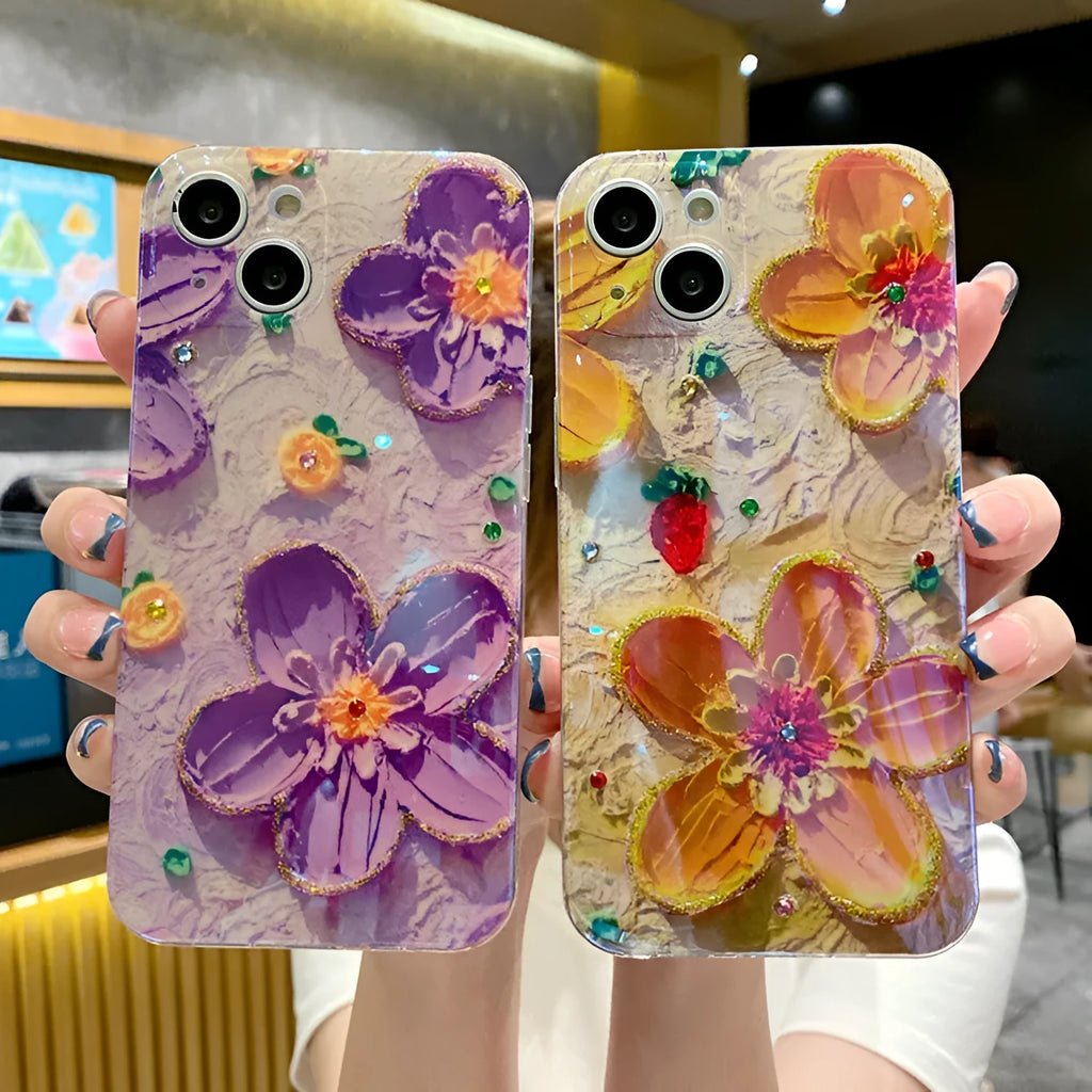Soft rubber phone case with oil painting flower pattern, blue light, and inlaid diamond drop glue in yellow for iPhone