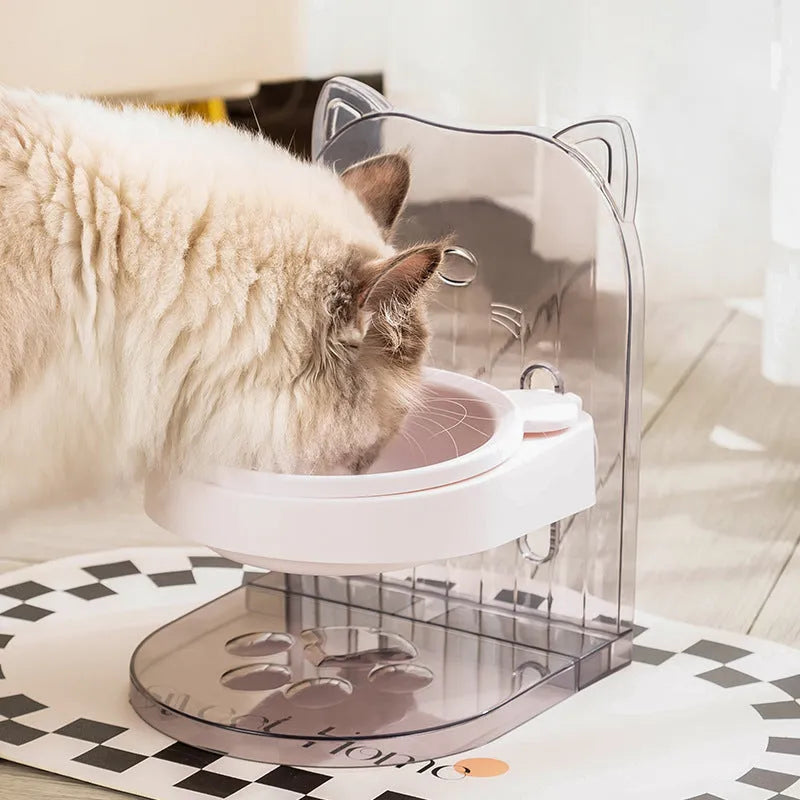 Grey adjustable height cat feeding bowl with anti-spill design and neck protection features
