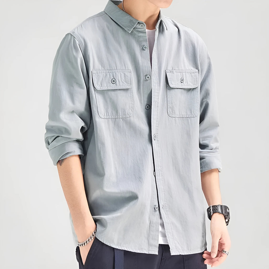 Men's loose fit long sleeve cardigan shirt in light gray, black, khaki, and green polyester fabric