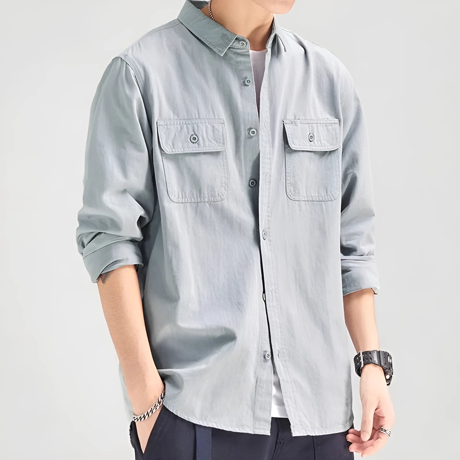 Men's loose fit long sleeve cardigan shirt in light gray, black, khaki, and green polyester fabric
