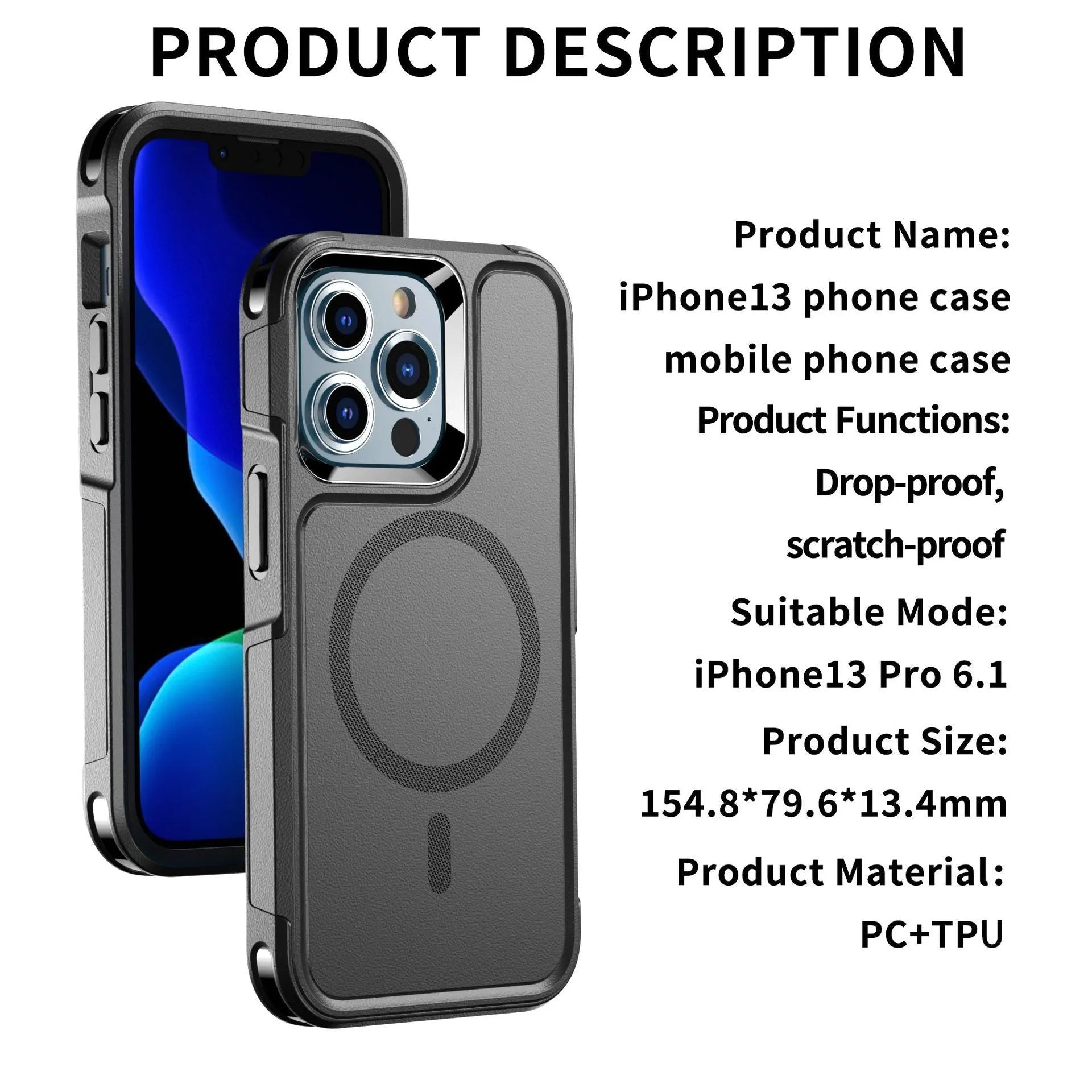 Shatterproof magnetic phone case for iPhone 12 13 series – black PC TPU back cover