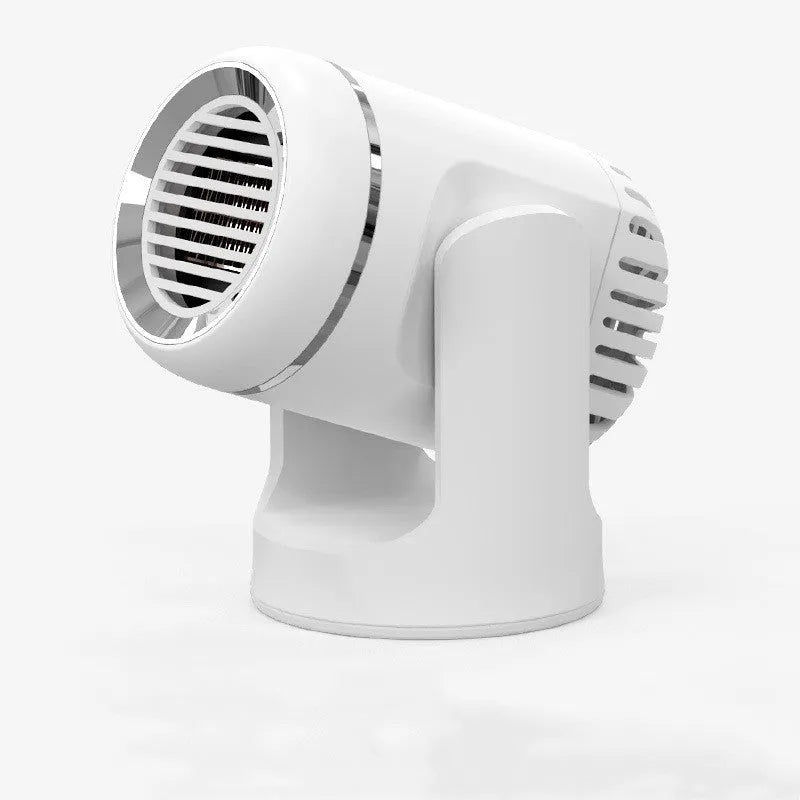 Compact 12V car heater defrost fan in black and white ABS plastic with heat switch and 1.5m power cord