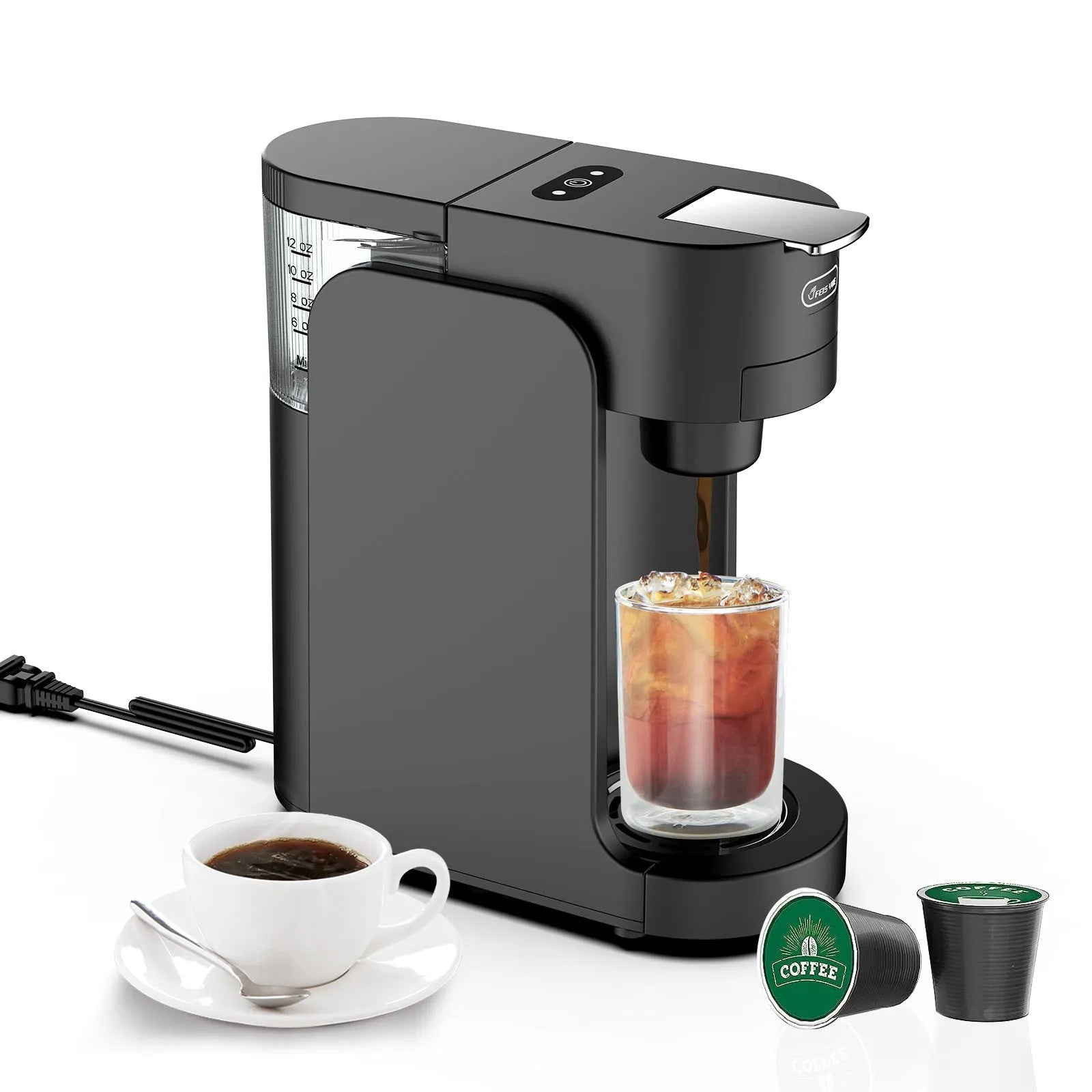 Mini capsule coffee machine with black ABS body, stainless steel tray, and transparent water tank on countertop
