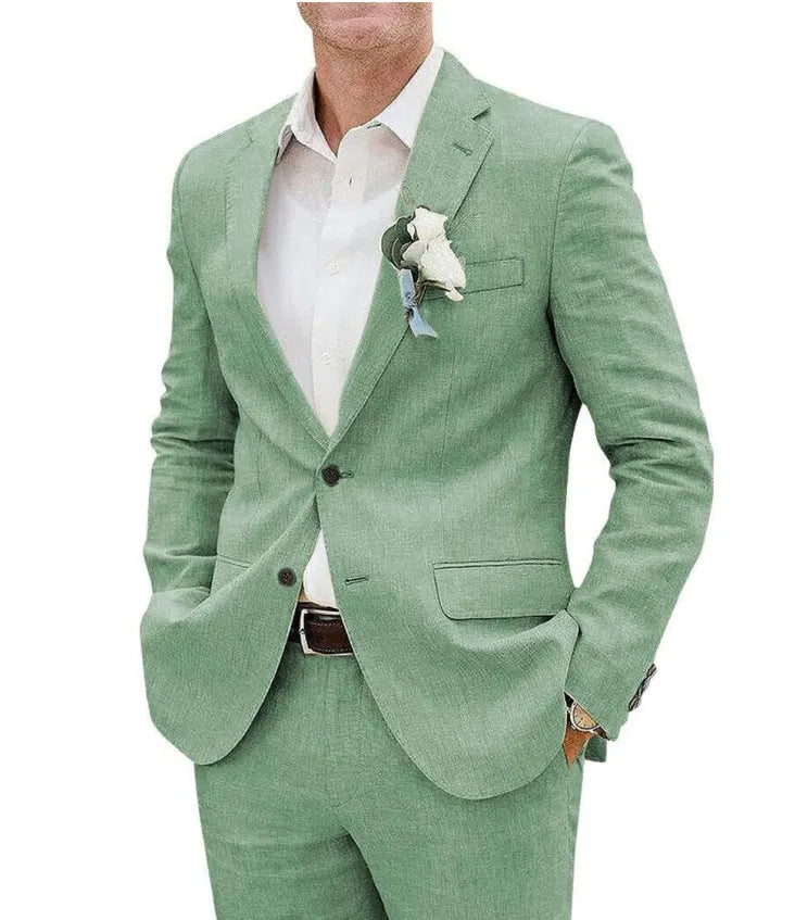 Men's linen blend slim fit business banquet two-piece suit in beige with jacket and trousers