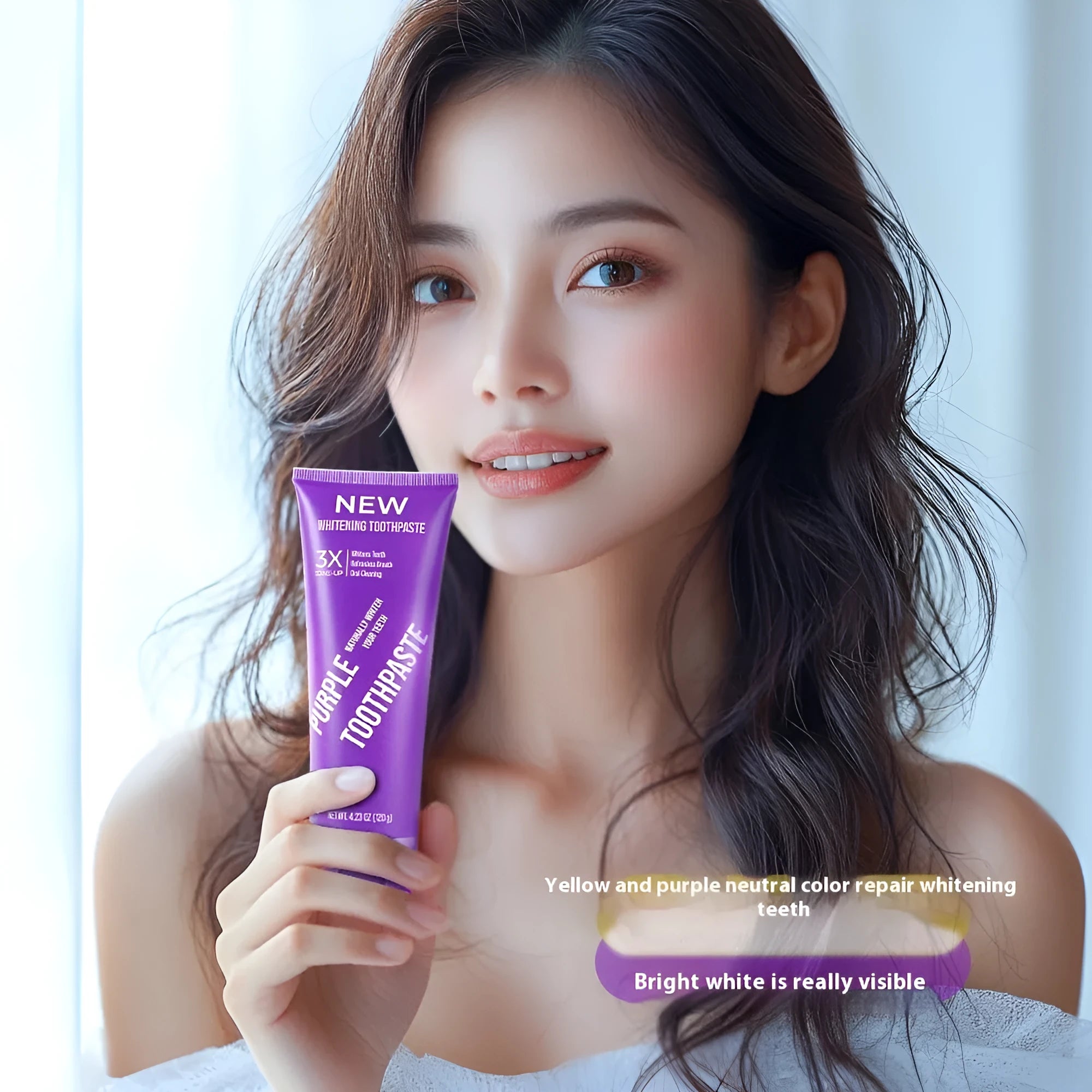 Purple whitening toothpaste tube for adults, shown in 120g and 65g size options for removing yellow stains.