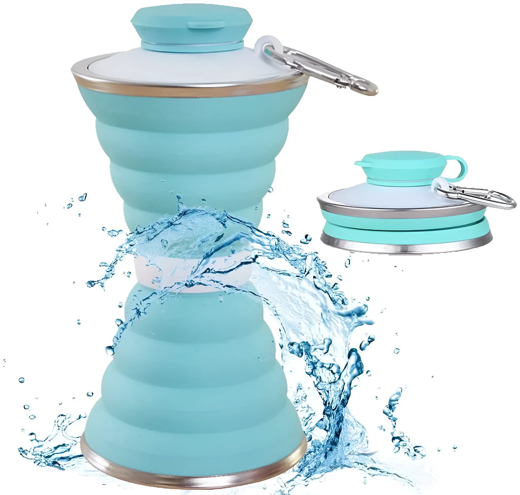 500ml collapsible silicone water bottle in light green, folded and unfolded, with connective rope