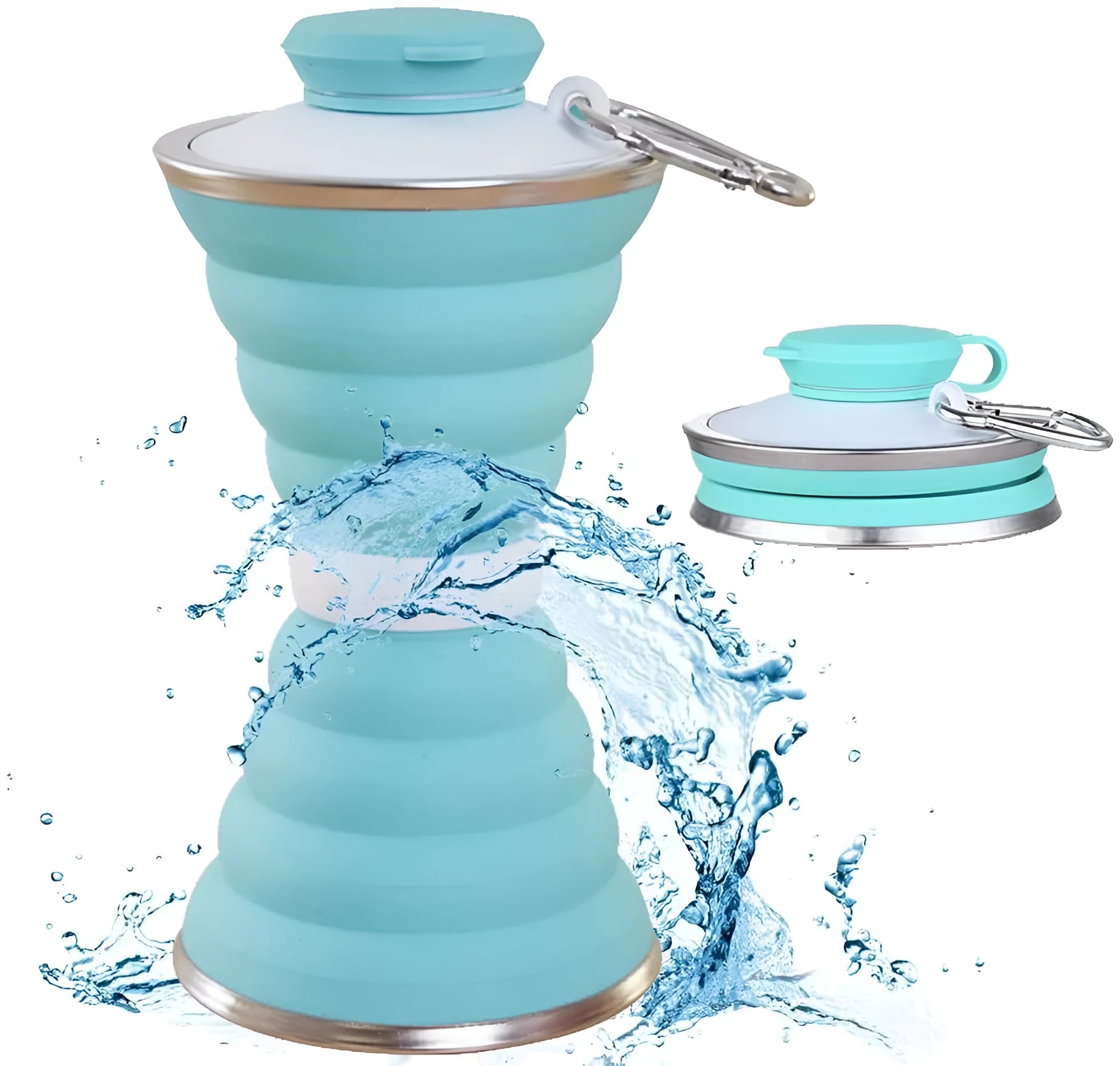 500ml collapsible silicone water bottle in light green, folded and unfolded, with connective rope