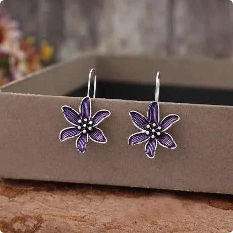 Purple floral alloy earrings with electroplated finish, retro simple design for pierced ears