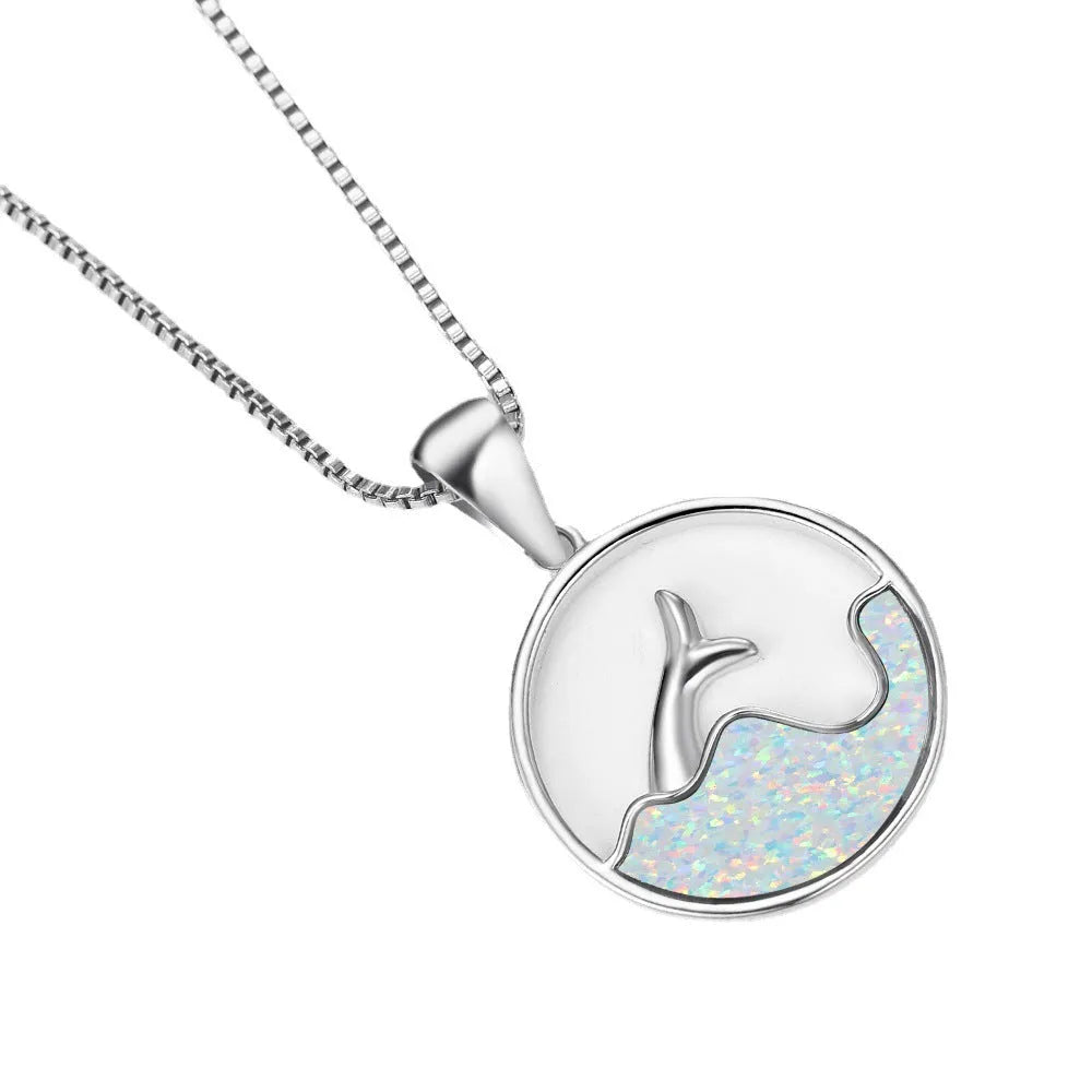 White gold electroplated copper fishtail necklace with geometric round pendant design