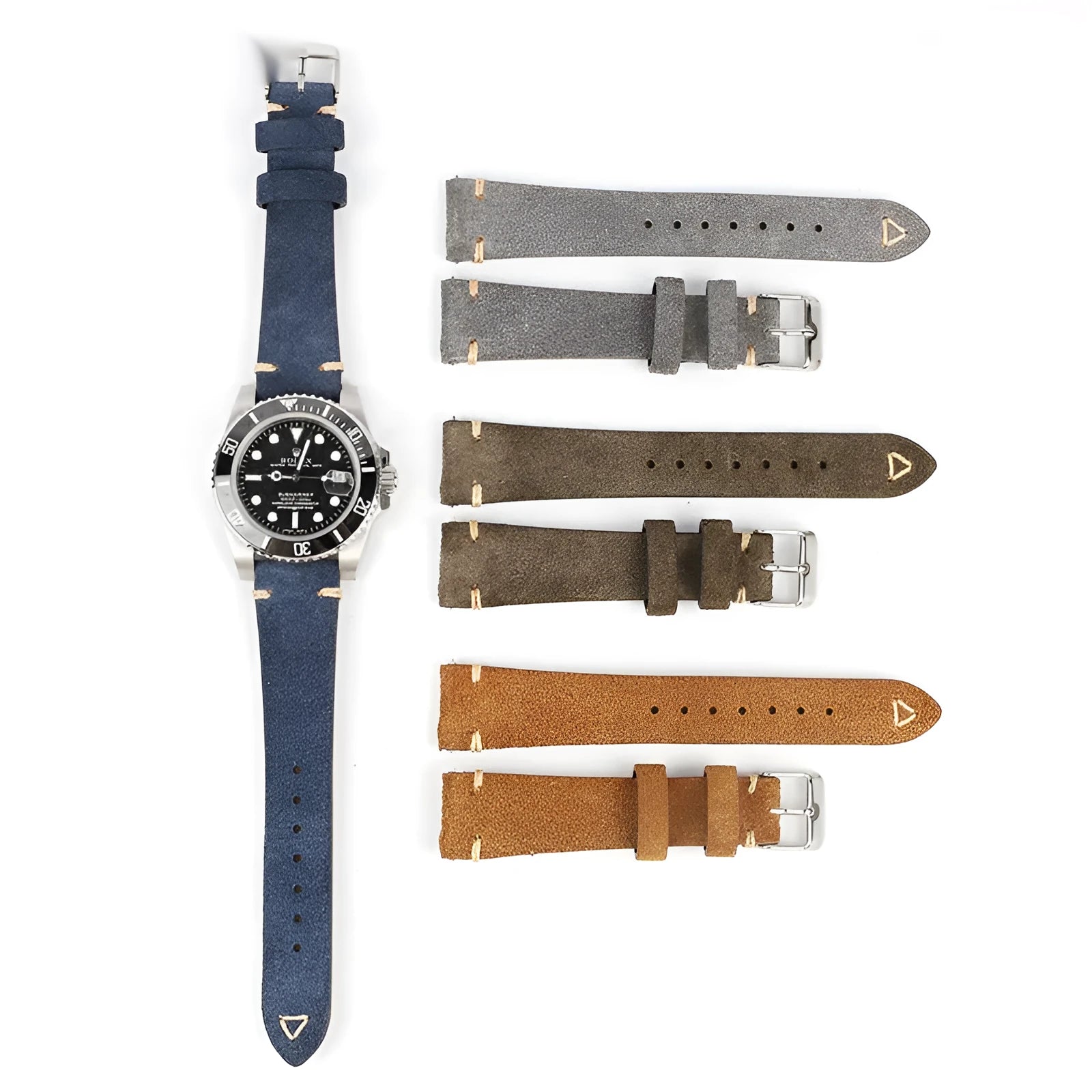 Brown genuine suede leather watch strap showing textured surface and buckle, laid flat.