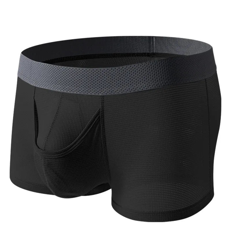 Men's ice silk boxer in black with mesh knit fabric, low waist, and solid colour design
