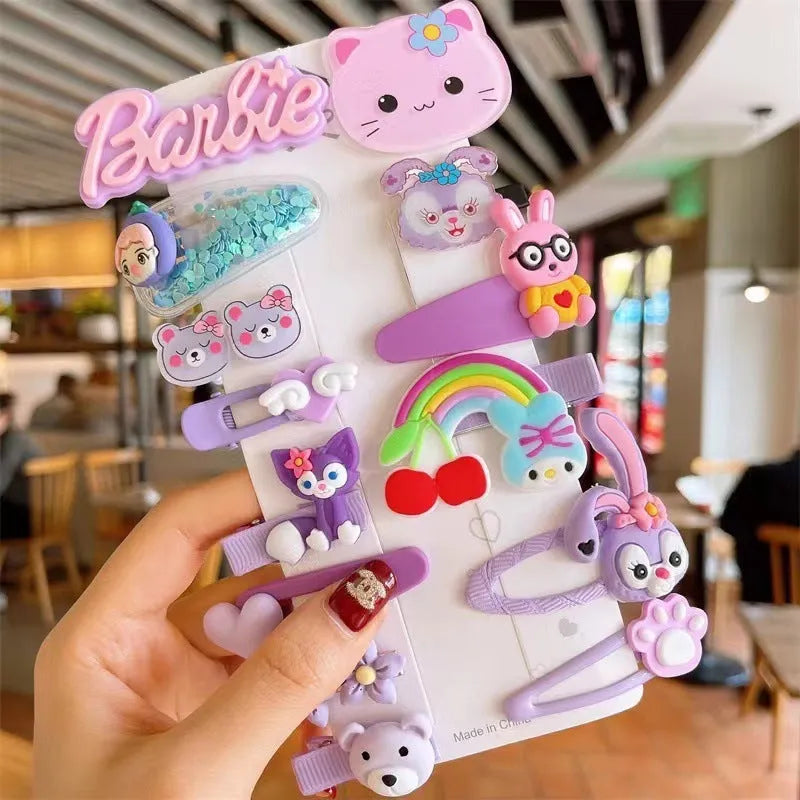 14-piece toddler hair accessories set on display including rainbow barrettes, fruit clips, and butterfly pins in bright colours