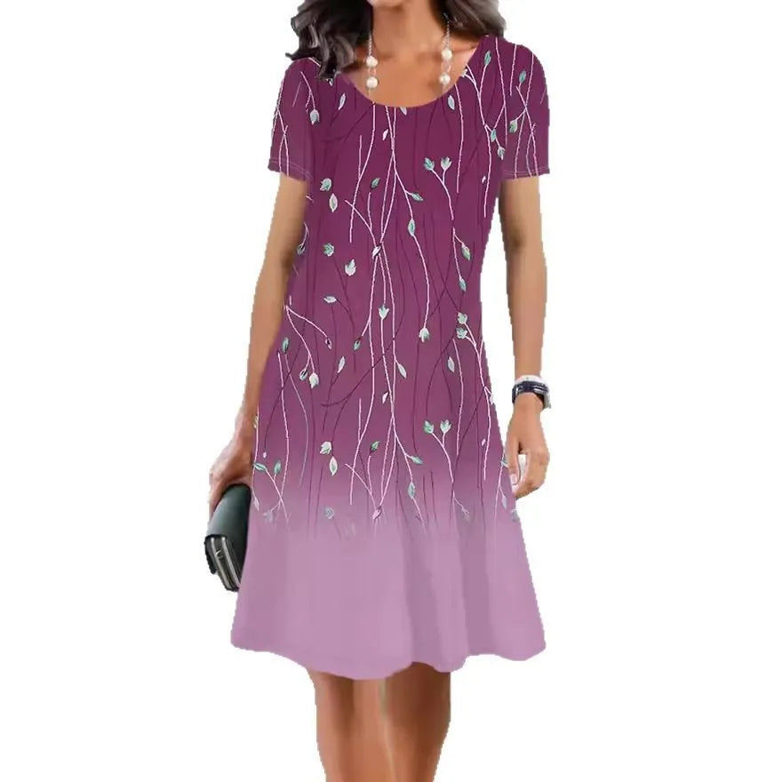 Women's ice silk A-line dress with printed botanical pattern in mid-length fresh sweet style