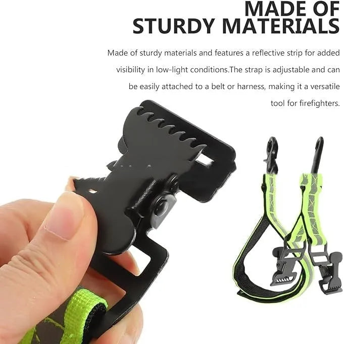 Fluorescent green metal safety clip with reflective nylon lining for securing fireman gloves.