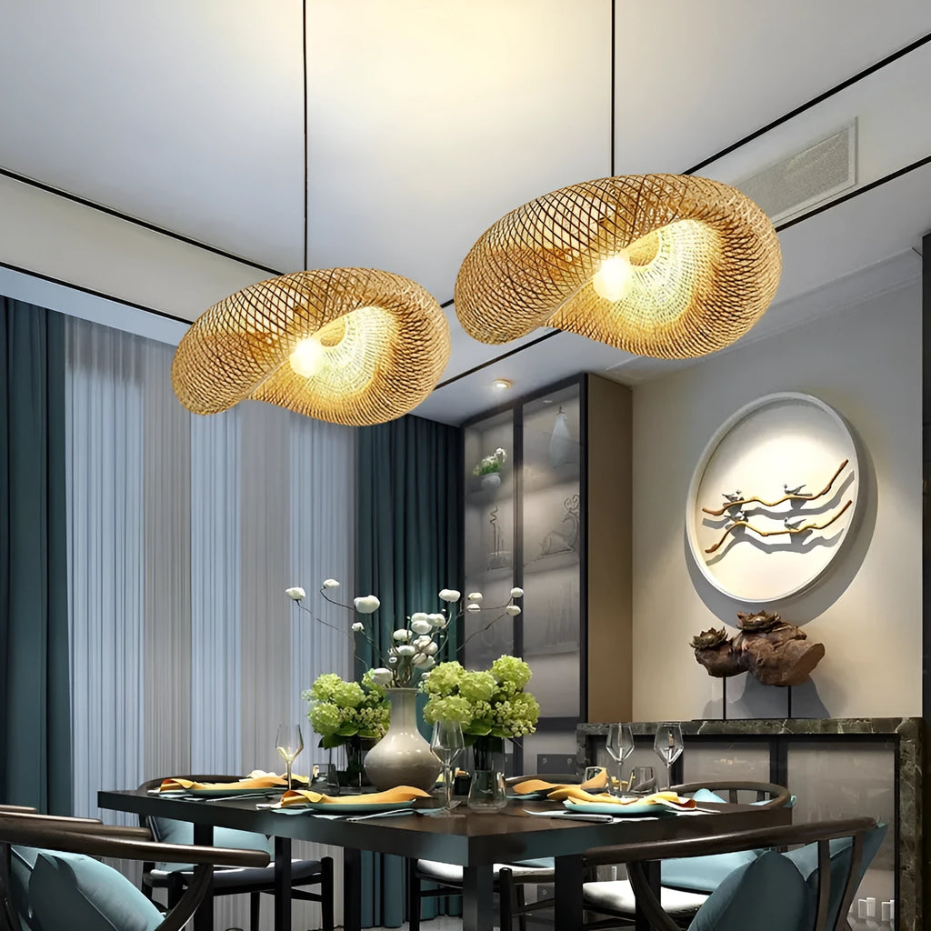 Bamboo woven hanging lamp with straw hat shape in natural rattan material