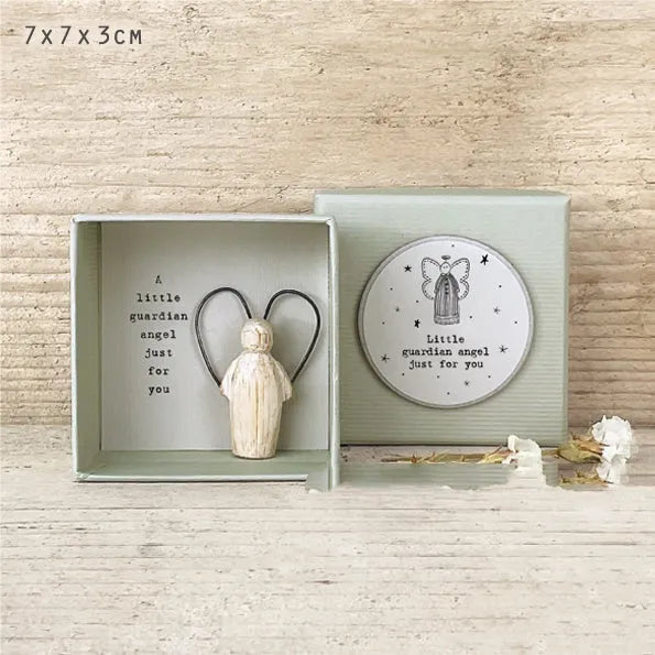 Boxed modern cartoon style guardian angel resin figurine ornament gift.