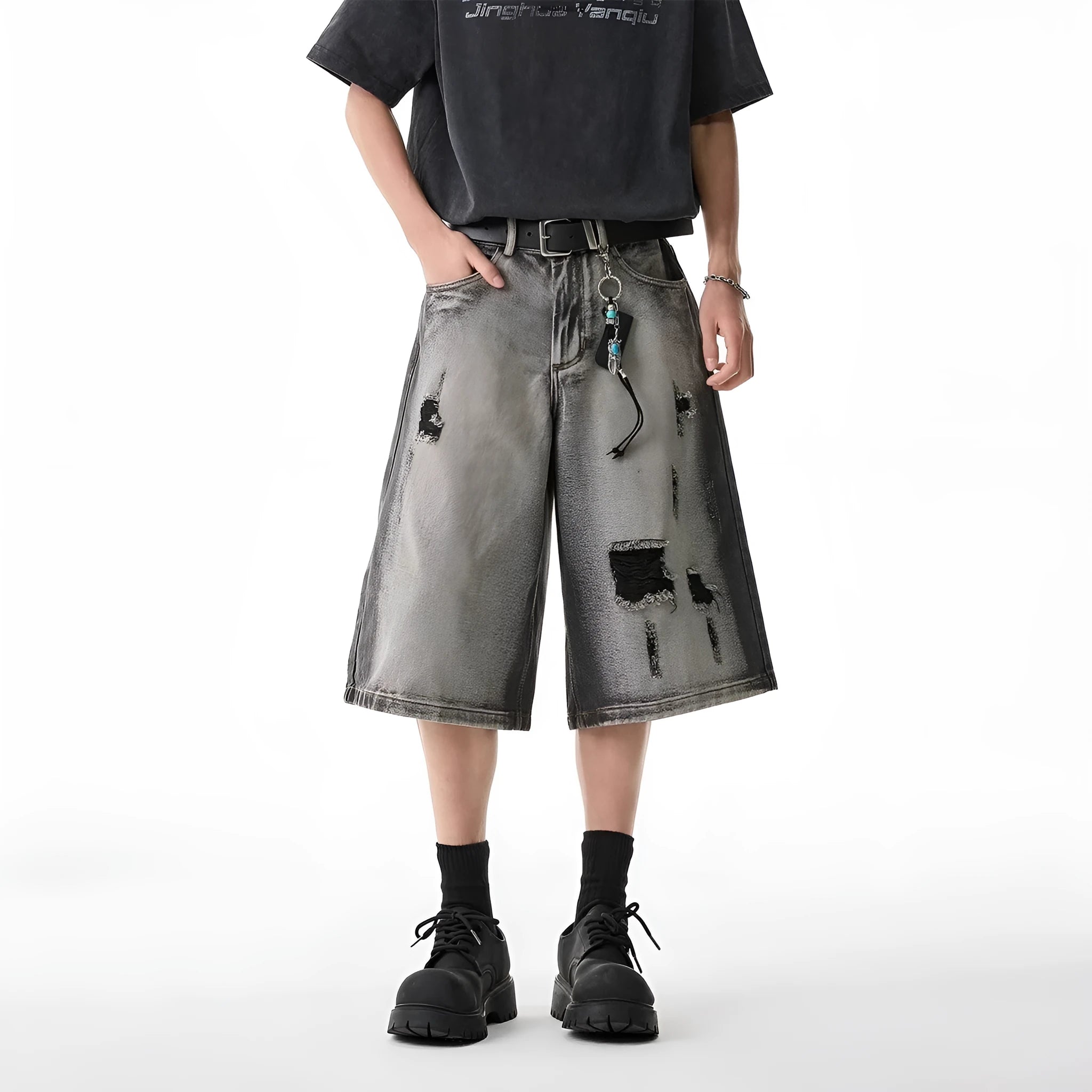 High Street Water Washed Hole Denim Shorts in gray, loose cropped fit, cotton fabric, for summer