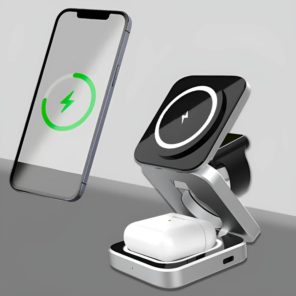Three in one folding desktop wireless charging bracket with magnetic ring for Apple Samsung Google Pixel Watch