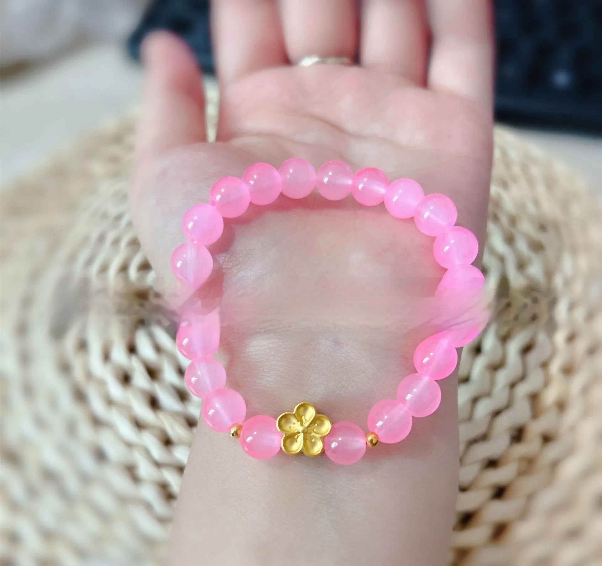 Women's aquamarine crystal bracelet with round natural pink crystal beads, light luxury style, handmade jewellery