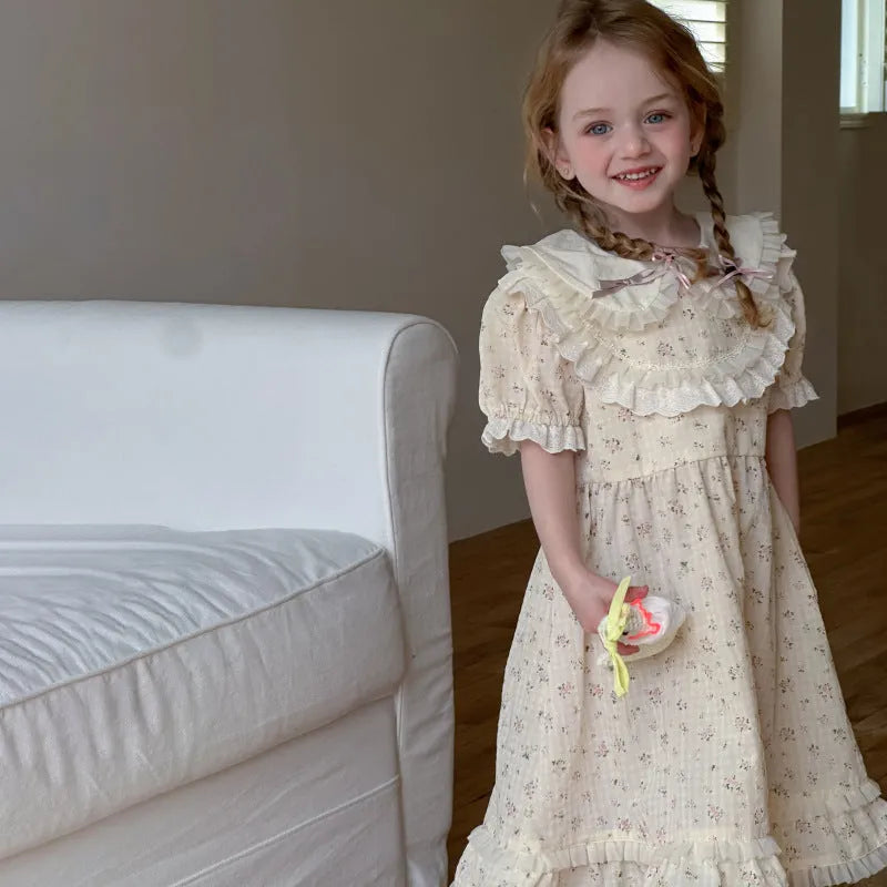 Beige floral cotton girls dress with lace trim short sleeves summer style