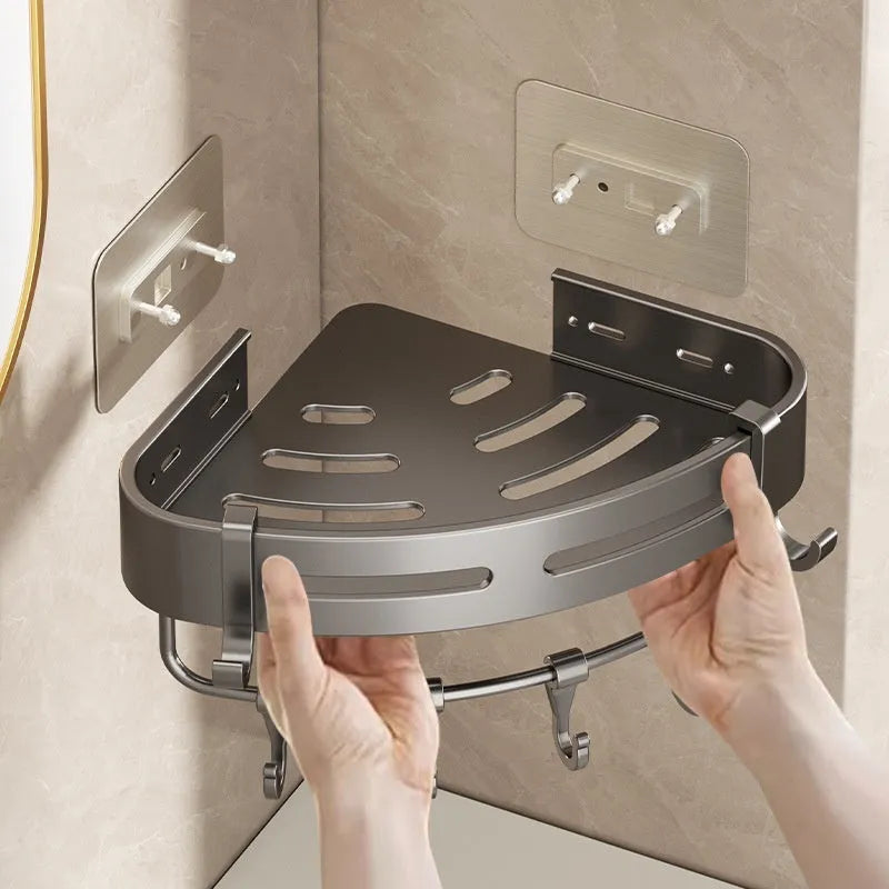 Gun gray triangle wall-mounted bathroom rack with rod, fan-shaped corner design, 15kg load capacity
