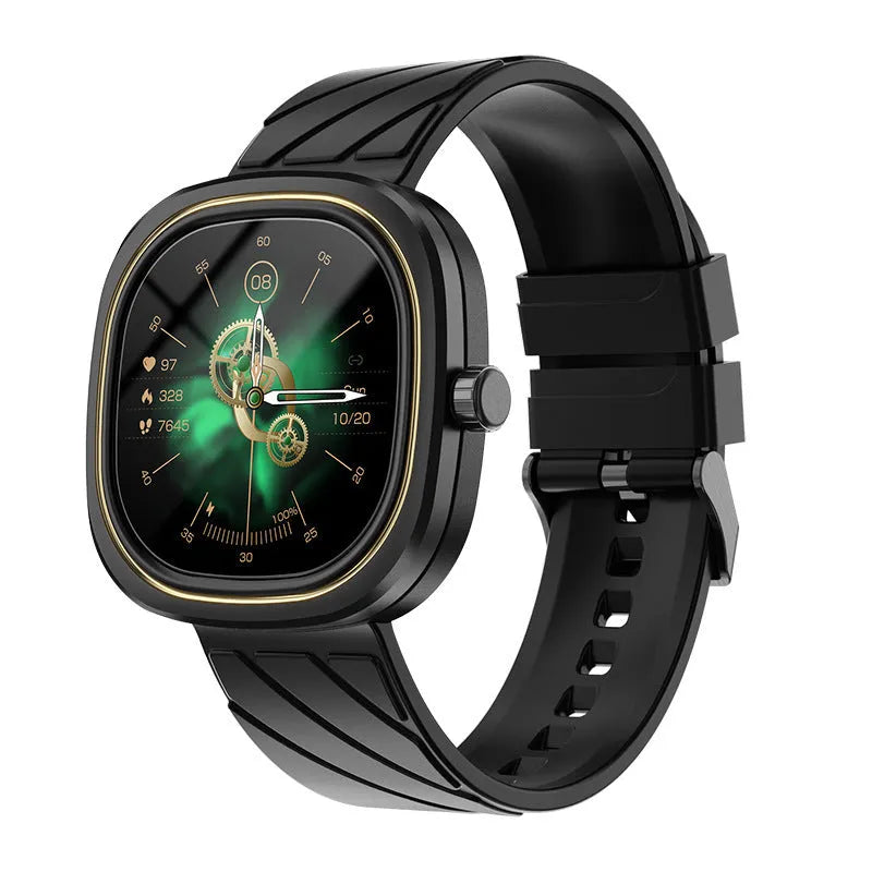 Bluetooth smartwatch with 1.32-inch colour touchscreen on silicone wristband showing fitness tracking display