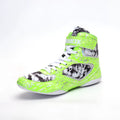 High-top boxing shoes in solid colour graffiti style with mesh upper and rubber sole on ground surface