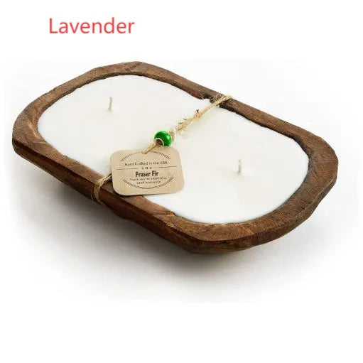 Lavender wooden basin aromatherapy candle with three wicks, soy wax, 230g net content.