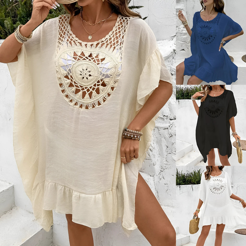 Crochet stitching patchwork swimsuit dress in slubbed polyester fabric