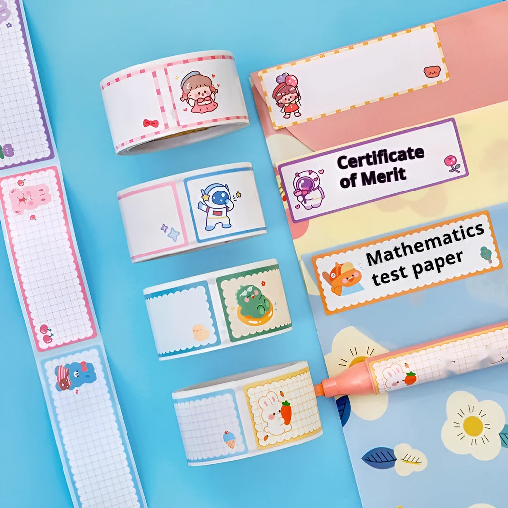 Roll of cartoon message index stickers showing dinosaur, astronaut, rabbit, and girl designs for student organisation