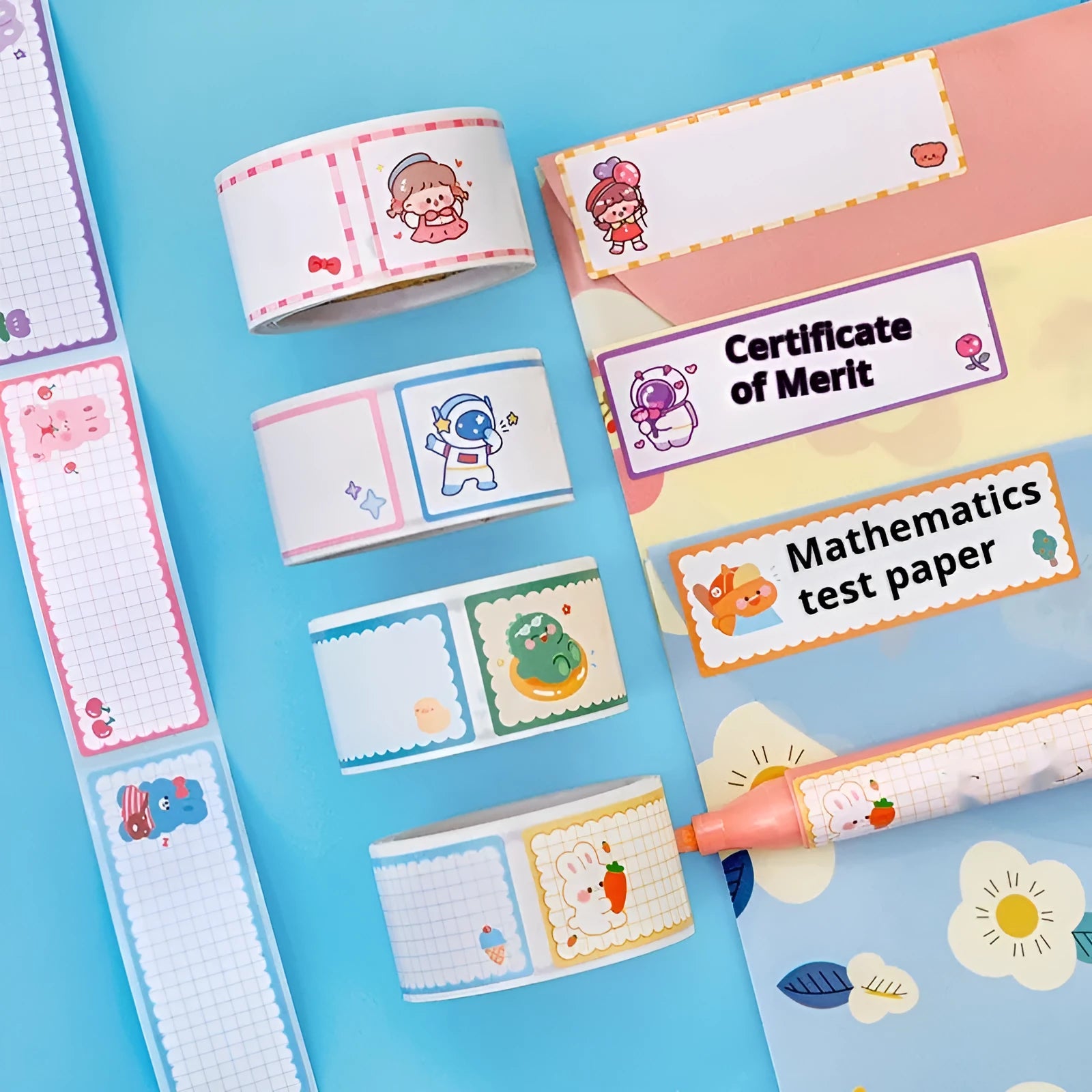Roll of cartoon message index stickers showing dinosaur, astronaut, rabbit, and girl designs for student organisation