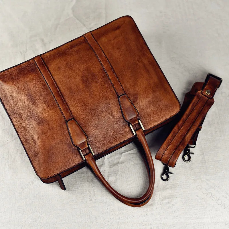 Men's 14-inch vegetable tanned leather handbag in horizontal square design
