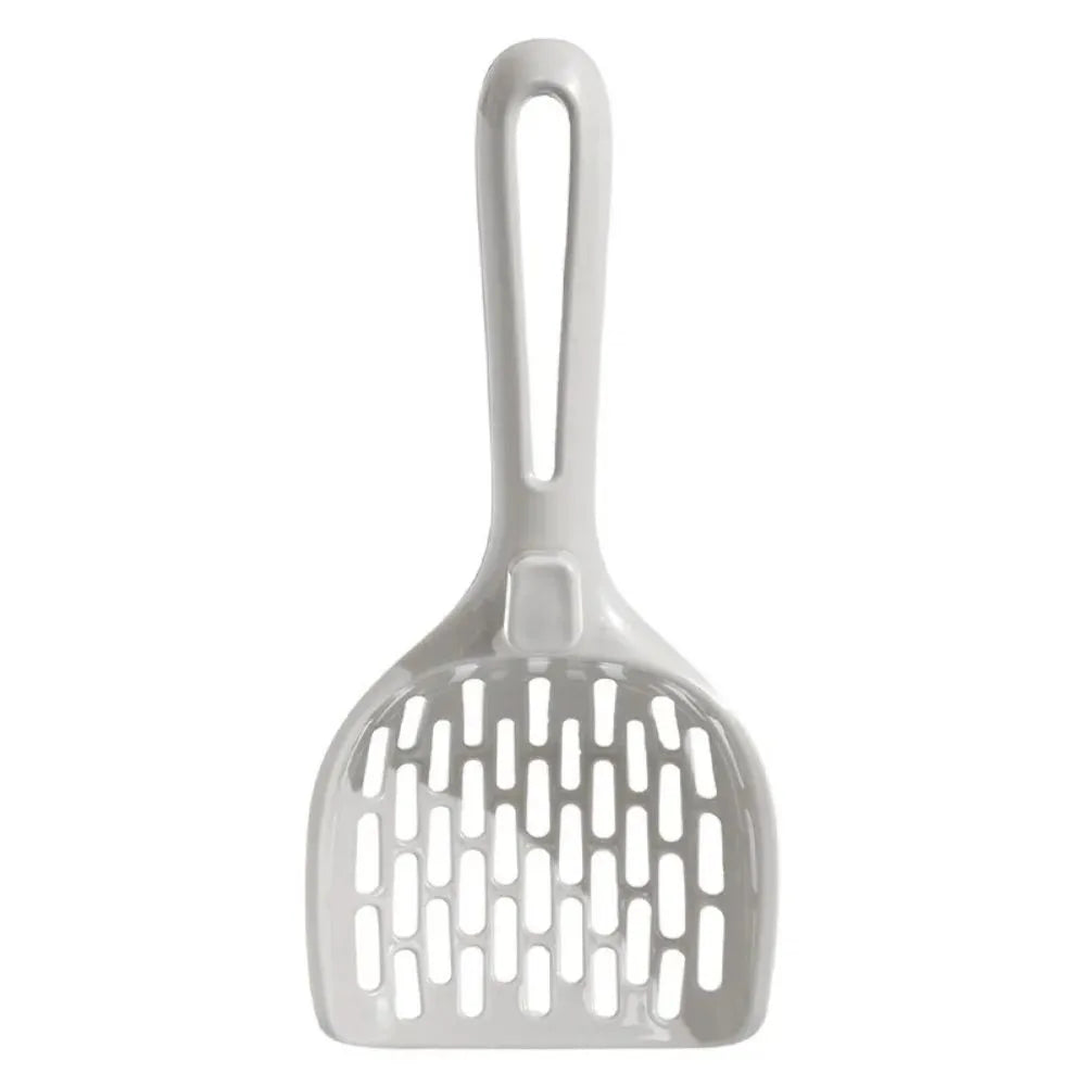 Grey plastic cat litter scoop with removable self-cleaning base for waste collection