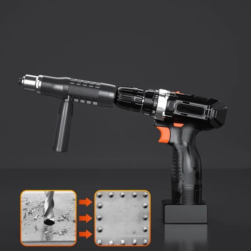 Electric drill rivet gun adapter with alloy steel body and four rivet heads on a workbench