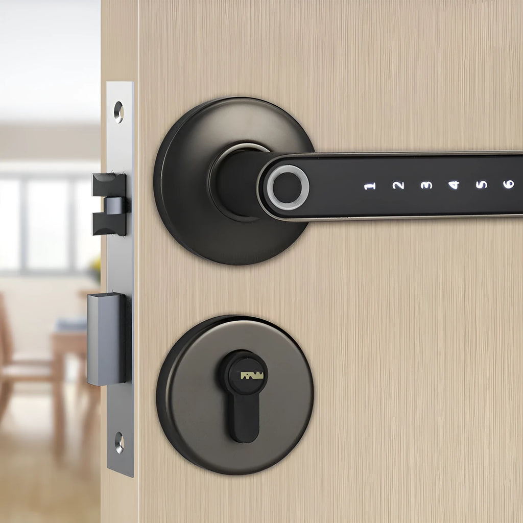 Black alloy smart lock with fingerprint sensor and keyless door handle for home use