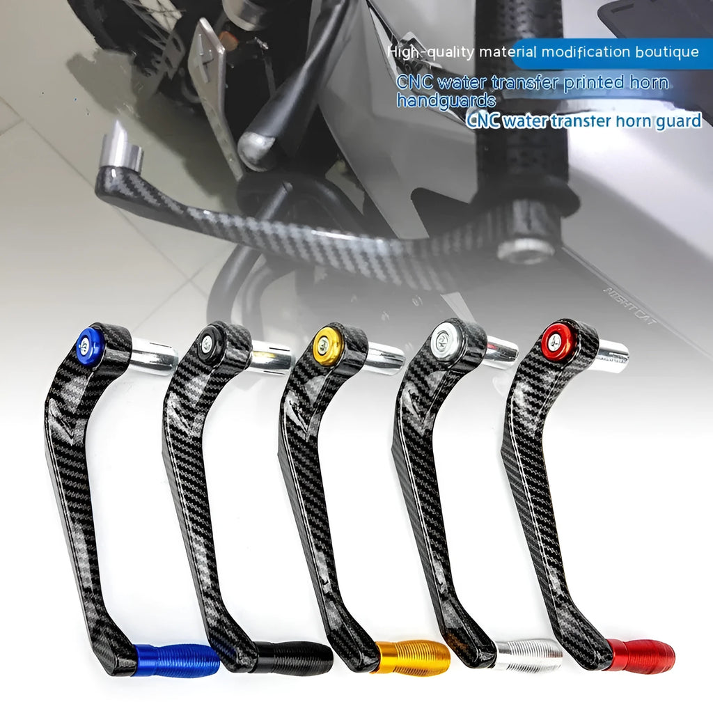 Pair of aluminium alloy motorcycle hand guards in black with water transfer printing finish on handlebars